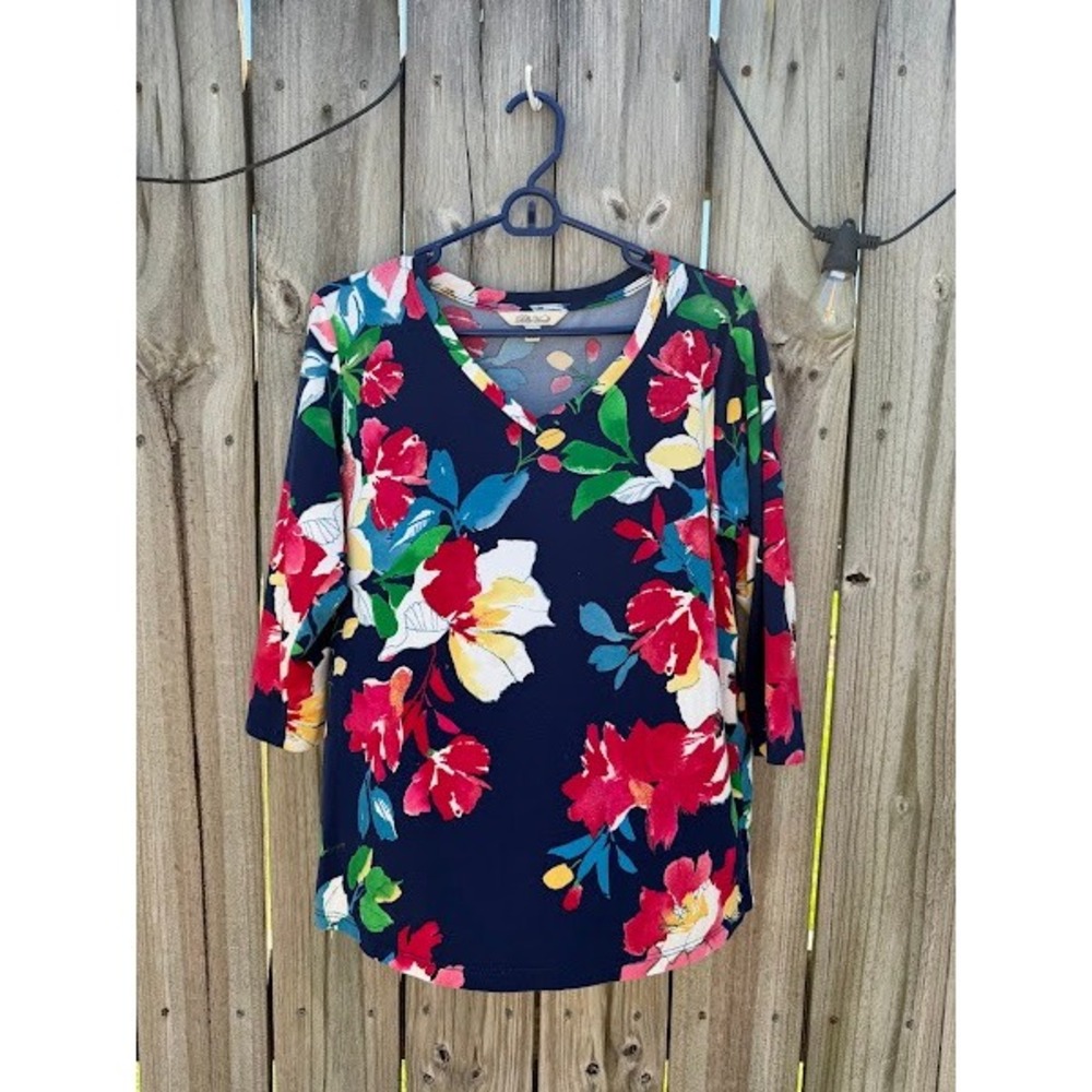 The Pioneer Woman Womens Navy Blue Floral V-Neck 3/4 Sleeve Top Small